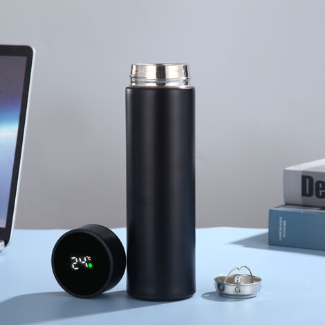 Sollbry Botella de agua inteligente de acero inoxidable con pantalla táctil LCD, mantiene el calor o el frío, taza de viaje portátil para té y café, con aislamiento al vacío de doble pared (negra) (1/5)