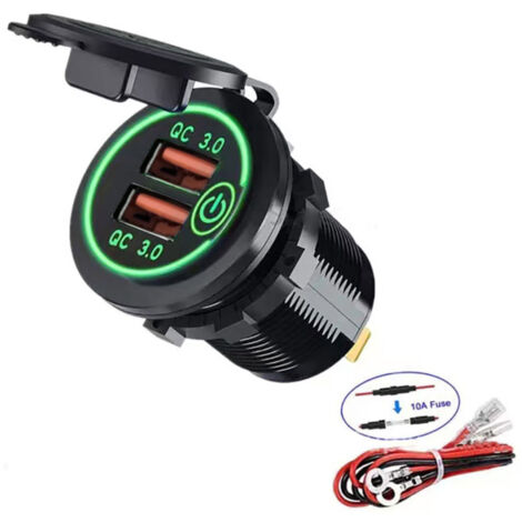 Sollbry Cargador USB doble QC 3.0, 12 V/24 V, impermeable, con interruptor táctil para coche, barco, caravana, color verde (1/5)