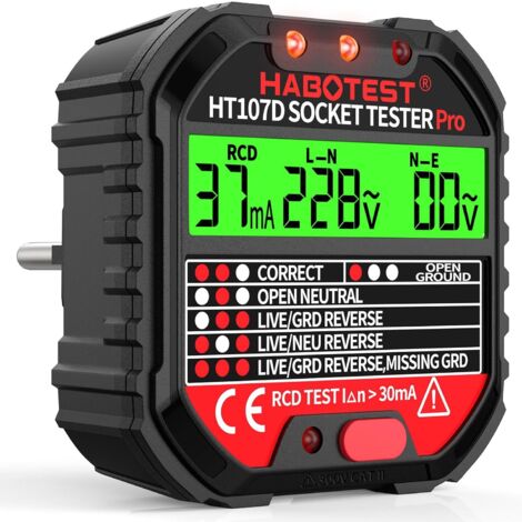 Sollbry Comprobador de enchufes, comprobador automático de corriente, detector de polaridad y voltaje (90-250 V/45-65 Hz), 6 tipos de diagnóstico de errores, prueba de RCD y visualización de voltaje.
