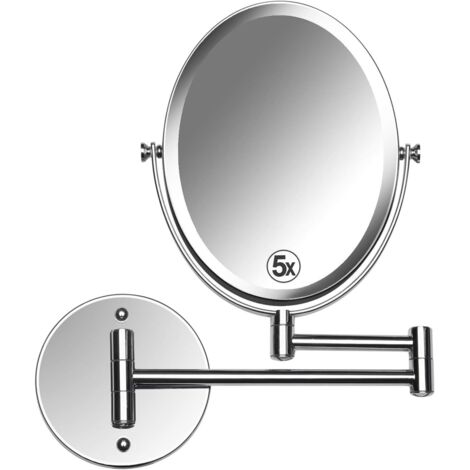 Sollbry Espejo de baño de pared para maquillaje y afeitado, doble cara, aumento de 5X y 1X, brazo giratorio extensible de 7 pulgadas, superficie de vidrio de 17 cm, cromado.