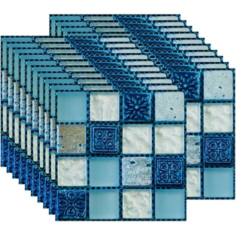 Sollbry 20 pegatinas autoadhesivas para azulejos, resistentes al calor, impermeables, para cocina, baño, mosaico azul (10 x 10 cm/4 x 4 pulgadas) (1/5)