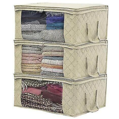 BEBUSINGOTO 3er-Set Faltbare Aufbewahrungsboxen aus Stoff, Kleideraufbewahrung mit Reißverschluss, verwendet für Decken, Kleidung, 49 x 36 x 21 cm, Beige (1/5)