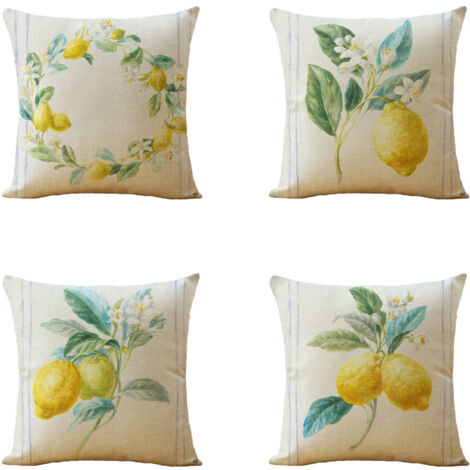 BEBUSINGOTO Zitronen-Kissenbezüge, 45,7 x 45,7 cm, 4er-Set, gelbe Zitrone mit Blumen, grüne Blätter, Sommerdekorationen, Outdoor-Bauernhaus-Kissenbezug (Zitronen-Set)