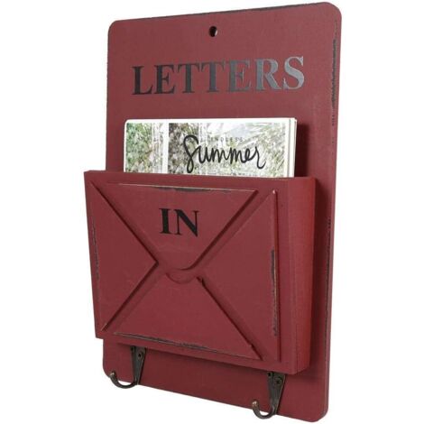 BEBUSINGOTO Wandmontierter Zeitschriftenständer, Vintage-Briefkasten aus Holz und Eisen, Schlüsselhalter, Wandaufbewahrung, kreative Heimdekoration mit Haken, 18 x 4,3 x 25,9 cm (rot) (1/4)