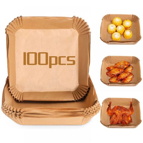 BEBUSINGOTO 100 Stück Einweg-Pergamentpapiereinlagen für die Luftfritteuse, ölbeständiges Papierfach, Antihaft-Backmatte, quadratisches Zubehör für die Luftfritteuse (1/5)