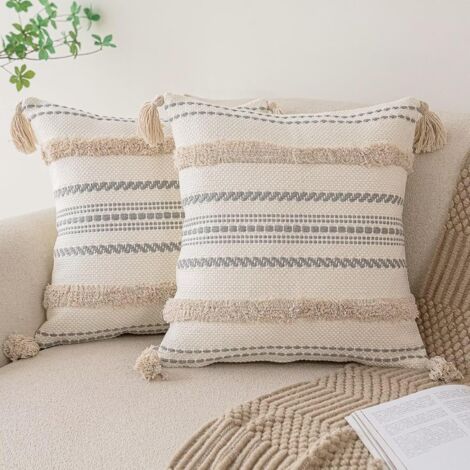 BEBUSINGOTO Set aus 2 Kissenbezügen im Bohème-Stil, 45 x 45 cm, gewebt und getuftet, Landhausstil, mit Quasten, strukturiertem Streifenmuster, dekorative, neutrale Kissenbezüge (1/5)