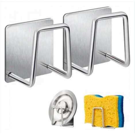 BEBUSINGOTO 2 Stück Schwammhalter – Haken aus Edelstahl 304, selbstklebend – Spülbeckenzubehör – Klebehaken, Aufbewahrung für Küche und Bad, Silber (1/5)