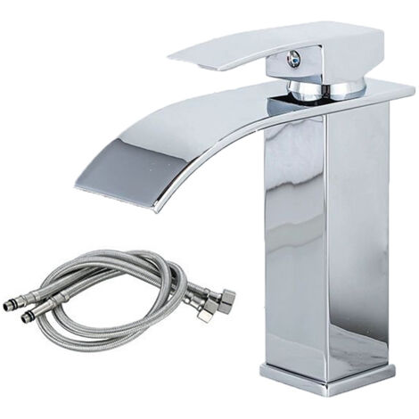 Grifo de baño con caño curvo en cascada, grifo mezclador de latón, agua caliente y fría disponible (1/5)