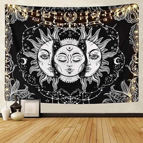 BEBUSINGOTO Tapiz psicodélico de tarot de sol y luna, color negro, celestial, hippie, bohemio, indio, mandala (150-200 cm) (1/5)