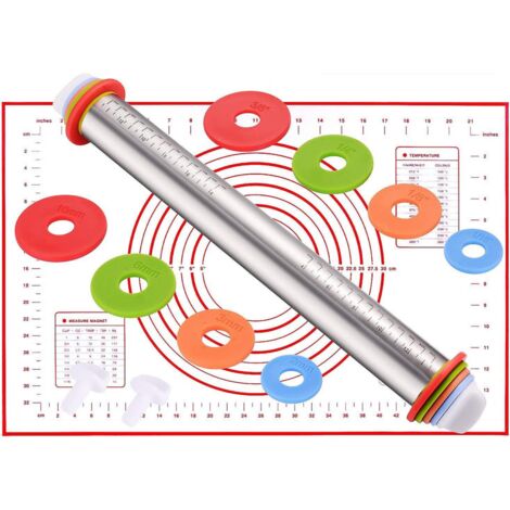 BEBUSINGOTO Rodillo de acero inoxidable, rodillo ajustable profesional con 4 discos ajustables y tapete de silicona para hornear. (1/5)