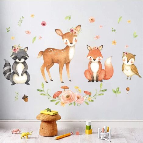 BEBUSINGOTO Pegatinas de pared de animales del bosque, calcomanías de pared de animales de dibujos animados lindos, mapache, ciervo, zorro, búho, pegatinas de pared de animales del bosque para niños,