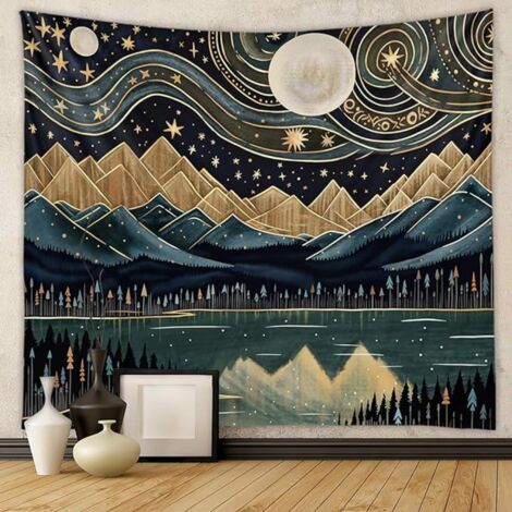 BEBUSINGOTO Tapiz de pared con diseño de bosque y montaña, paisaje bohemio, luna y estrellas, para dormitorio, tapiz estético natural, tapiz de árbol para colgar en la pared, para dormitorio, sala de