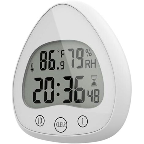 BEBUSINGOTO Reloj de pared digital para baño, ducha, silenciador, temporizador de cocina, superimpermeable, a prueba de polvo, con gancho de ventosa, control de temperatura y humedad (blanco)