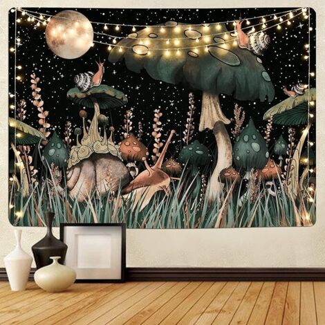 BEBUSINGOTO Tapiz de hongos, luna y estrellas, tapiz de caracoles, tapiz de plantas y hojas para colgar en la pared (130 x 150 cm) (1/5)
