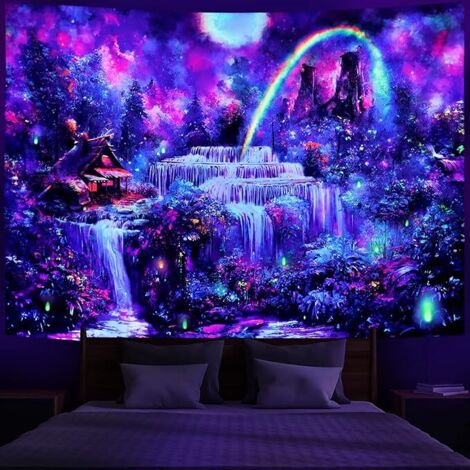 BEBUSINGOTO Tapiz de luz negra - Tapiz de bosque de fantasía - Tapiz de cascada con efecto UV - Tapiz de arcoíris - Tapiz de plantas de jungla brumosa - Tapiz de paisaje natural para sala de estar (An (1/5)