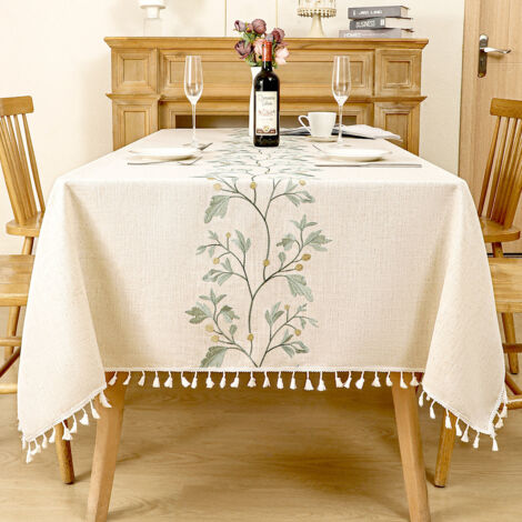 BEBUSINGOTO Mantel rectangular beige antimanchas, lavable, con borlas, de algodón y lino, con bordado de hojas verdes y flecos, impermeable, para mesa de comedor, 140 x 220 cm (1/5)