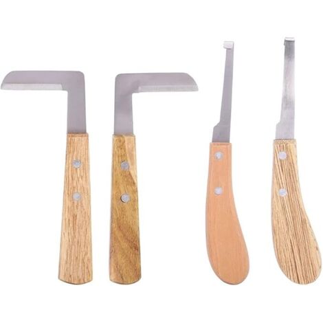 BEBUSINGOTO Cuchillo para cascos, kit de 4 herramientas de acero para recortar cascos, cuchillo de hoja recta para diestros, para ganado, caballos y cabras, herramientas de herrador.