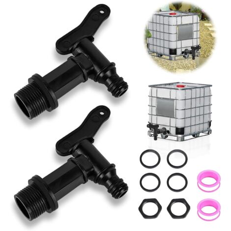 BEBUSINGOTO Grifo de plástico para tanque de agua de lluvia (2 unidades) con cinta de PTFE, válvula de drenaje IBC, rosca externa de 3/4", grifo colector de agua de lluvia, válvula para tanque IBC (1/5)