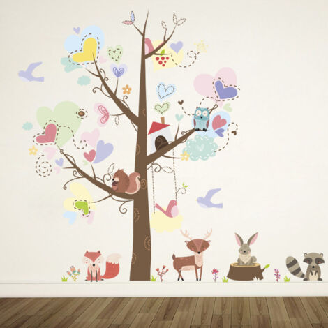 BEBUSINGOTO Un conjunto de pegatinas de pared para habitaciones infantiles, niños y niñas, animales, árboles, corazones, pegatinas de pared para habitaciones de bebés, decoración para guardería, guard