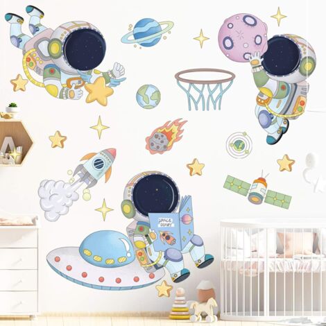 BEBUSINGOTO Pegatinas de pared de astronauta, planeta, paseo espacial, nave espacial, arte DIY, vinilo, murales removibles, calcomanías de pared, lindo dibujo animado, astronauta, cosmonauta, papel ta