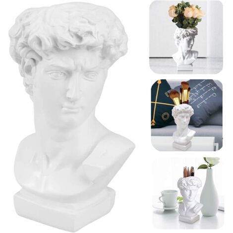 BEBUSINGOTO Maceta con diseño de busto y arreglo floral, estatua de David, escultura artesanal, maceta con cabeza, soporte de resina para bolígrafos.