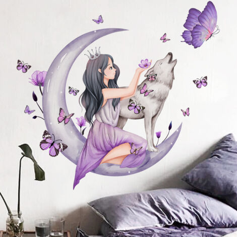 BEBUSINGOTO Pegatinas para habitación de niña, calcomanía de pared de hada de flores, lobo y luna, 70 x 75 cm, decoración de habitación de niña, pegatinas de pared de mariposa para dormitorio, sala de (1/5)