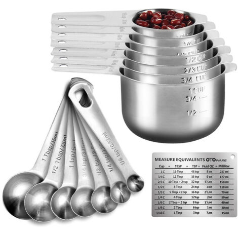 BEBUSINGOTO Cucharas y tazas medidoras de acero inoxidable con regla, cuchara con clip y tabla de conversión de cocina (juego de 15) para ingredientes secos y líquidos. (1/5)