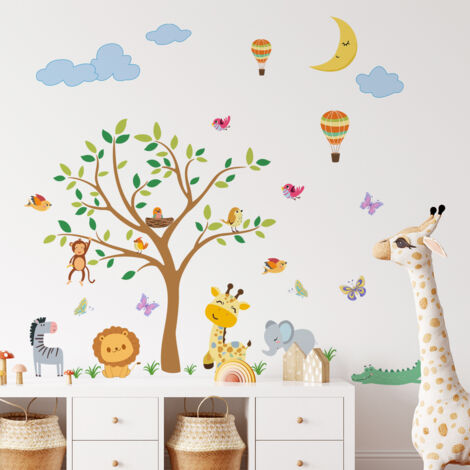BEBUSINGOTO juego de pegatinas de pared de animales, pegatinas de pared de jungla, pegatinas de pared de árbol, elefante, jirafa y león, pegatinas de pared para guardería, decoración de pared para niñ (1/4)