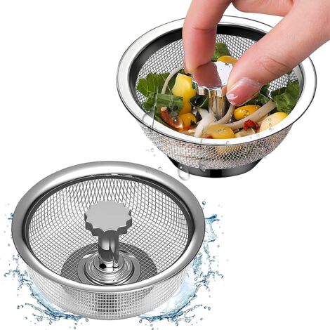 BEBUSINGOTO Nuevo colador de fregadero, juego de 2 coladores de acero inoxidable, colador de fregadero de cocina mejorado con mango telescópico y tapón de silicona para drenaje rápido. (1/5)