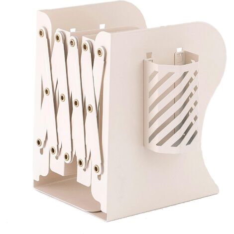 BEBUSINGOTO Sujetalibros extensible de metal ajustable, apto para libros pesados, organizador de estanterías para mesas, oficina, hogar, escuela, estantería de libros para niños (blanco marfil)