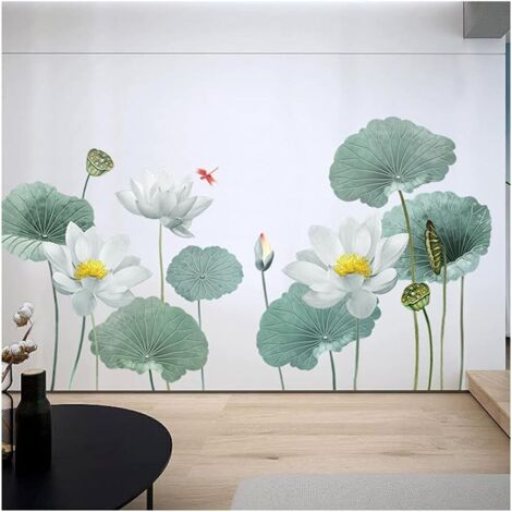 BEBUSINGOTO Enormes pegatinas de pared con diseño de flor de loto azul, libélula y hoja de loto, decoración de pared extraíble para sala de estar, dormitorio, baño, sala de juegos, oficina, TV, sofá,
