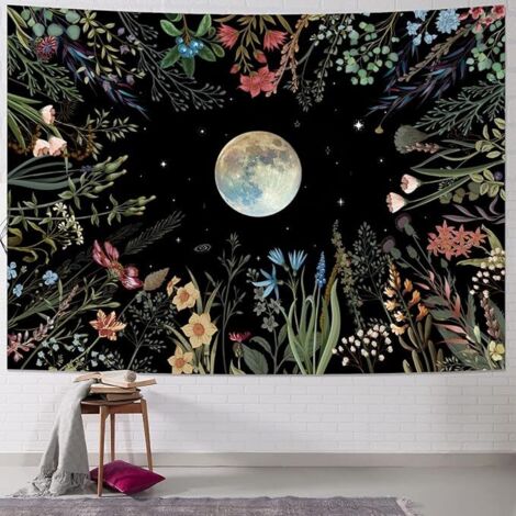 BEBUSINGOTO Tapiz de jardín con luz de luna, tapiz de flores, tapiz de plantas de colores, tapiz negro, tapiz floral, decoración de pared de habitación