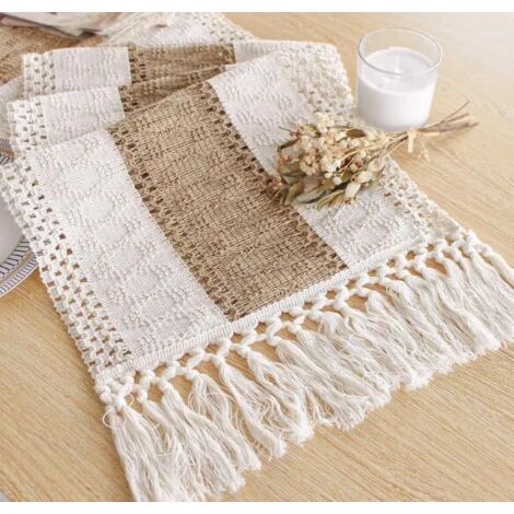 BEBUSINGOTO Camino de mesa bohemio con borlas para decoración del hogar, rústico, de 220 cm de largo, de macramé en tonos crema y marrón, ideal para comedores bohemios (30 x 220 cm) (1/5)
