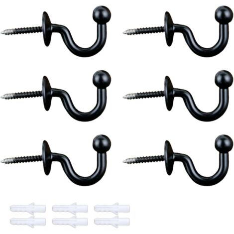 BEBUSINGOTO Paquete de 6 ganchos para sujetar cortinas con 6 tornillos de expansión, elegantes soportes en forma de U, ganchos de pared y ganchos para colgar (negros) (1/5)