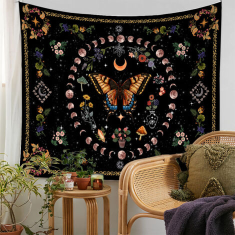 BEBUSINGOTO Tapiz de mariposa con fases lunares, diseño floral, bohemio, con forma de hongo, para dormitorio, estilo vintage, para sala de estar y dormitorio (130 x 150 cm) (1/5)