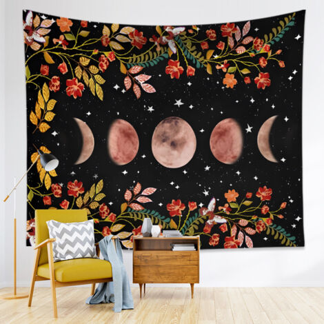 BEBUSINGOTO Tapiz de jardín con luz de luna, fases lunares rodeadas de plantas y flores, tapiz negro para colgar en la pared, 130 x 150 cm (1/3)