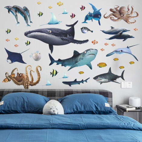 BEBUSINGOTO Juego de pegatinas decorativas de pared con diseño de animales marinos, ideal para dormitorio, baño y sala de estar. (1/5)