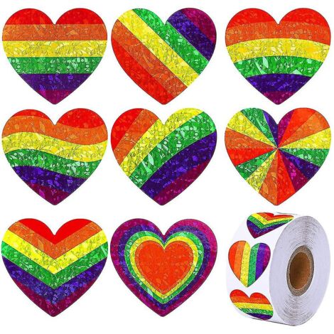 BEBUSINGOTO Pegatinas del Orgullo Gay, 500 unidades, rollo de pegatinas de corazón arcoíris LGBT, pegatinas arcoíris, pegatinas de San Valentín, pegatinas de amor gay (1/5)