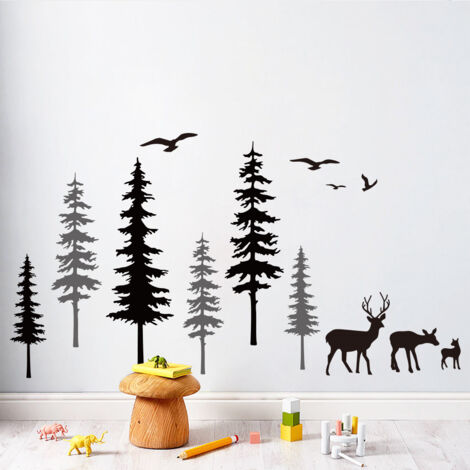 BEBUSINGOTO Pegatina de pared para padres, diseño de ciervo del bosque, oso, pino, mural artístico para habitación infantil, vinilo extraíble para guardería. (1/5)