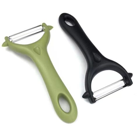 BEBUSINGOTO Juego de 2 peladores universales de acero inoxidable para verduras, pelador de patatas manual con mango ergonómico y cuchillo de cocina con hoja afilada para verduras y frutas (negro y ver (1/5)