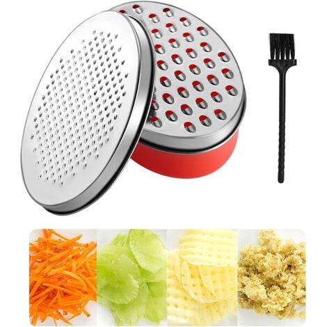 BEBUSINGOTO Rallador de queso con recipiente y tapa, acero inoxidable con recipiente de almacenamiento, rallador con 2 placas gruesas y finas, rallador de cocina para verduras, queso, chocolate, limó (1/5)