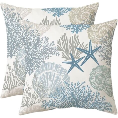 BEBUSINGOTO Juego de 2 fundas de cojín decorativas de terciopelo náutico de 45 x 45 cm con diseño de playa, océano, conchas, corales y estrellas de mar para sofá de exterior, color azul. (1/5)