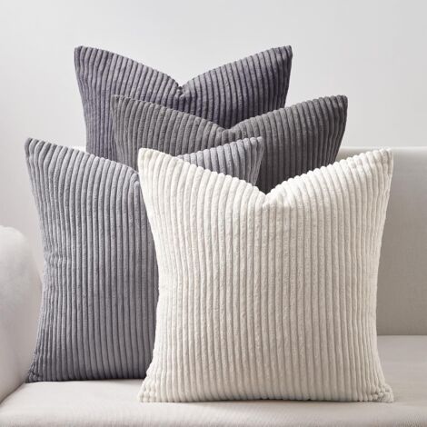 BEBUSINGOTO Funda de cojín 45x45, diseño de rayas beige y gris, de pana, muy suave, para palets, sofá, salón, silla, cama, sillón, juego de 4, estilo vintage Art Déco. (1/5)