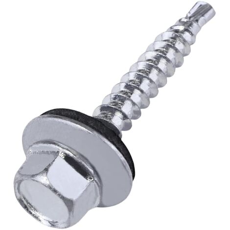 BEBUSINGOTO C57225 - Pack de 50 Tornillos autotaladrantes para metal sobre madera Ø4,8x35 mm + arandela de estanqueidad EPDM - cabeza hexagonal 8 mm - acero - color plata (1/5)