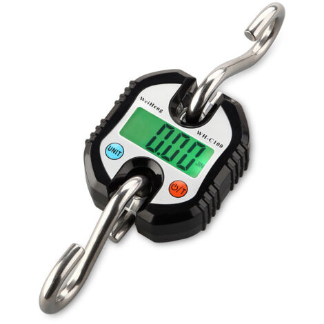 BEBUSINGOTO Báscula colgante para equipaje de pesca, hasta 150 kg, con pantalla LCD y función de despegado, 2 ganchos extraíbles, ideal para viajes, pesca y caza al aire libre (negra) (1/5)