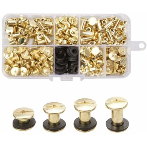 Lucky-88 – Lot de 120 vis de reliure Chicago – 4 tailles 4/6/8/10mm – Rivets en laiton avec joints en nylon – Pour cuir et loisirs créatifs