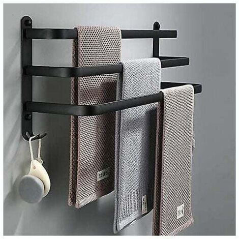 Porte-serviettes de salle de bain, porte-serviettes mural noir pour douche et cuisine, barres de porte étanches avec crochet (50 cm, deux tiges) (1/4)
