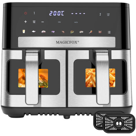 Friteuse sans Huile 10L MAGICFOX avec 2 Tiroirs, Fenêtre Visible, 9 Programmes, Panneau Tactile LED, Smart Finish&Match Cook - Acier