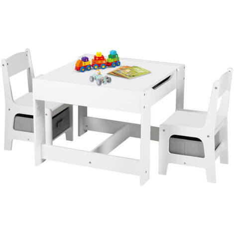 Ensemble Table et Chaises pour Enfants, avec 2 Boîtes de Rangement, Table Double Face, Plateau amovible, pour Manger, Etudier, Jouer - Blanc