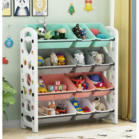 Étagère pour Jouets, Meuble de Rangement pour Enfant, Organisateur, 4 niveaux avec 12 Casiers Amovibles en Plastique